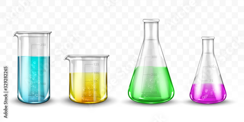Laboratory glassware with colorful liquids on transparent background