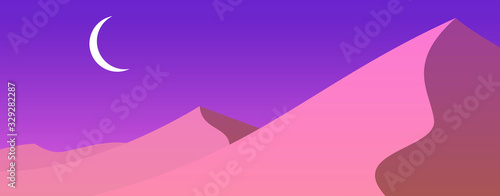 Cartoon desert sand dunes. Bright evening or morning nature landscape. Minimalistic vector composition. Panoramic background illustration.
