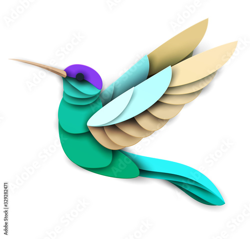 Abstract flying hummingbird isolated on white background. Creative 3d concept in craft paper cut style. Colorful minimal design character. Original vector cartoon illustration.