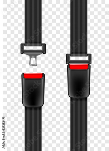 Vector illustration of safety seat belt, open and closed seatbelt isolated on transparent background.
