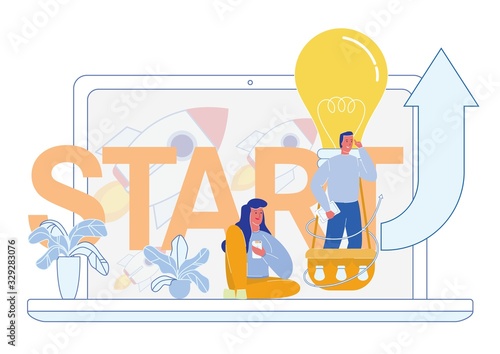 Business Launch or Start Up Innovation Initiative, Creative Idea. People, Man and Woman Launching Common Financial Project. Introduction Advanced Technology in Business. Flat Vector Illustration.