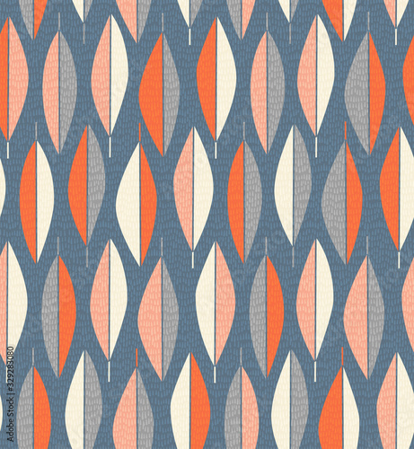seamless mid century modern feather or leaf pattern.  Cheerful abstract retro design for fabric, wallpaper, backgrounds and decor.