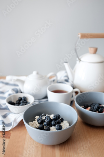 Tasty breakfast of Tvorog  farmers cheese  curd cheese or cottage cheese and blueberries in gray bowls. 