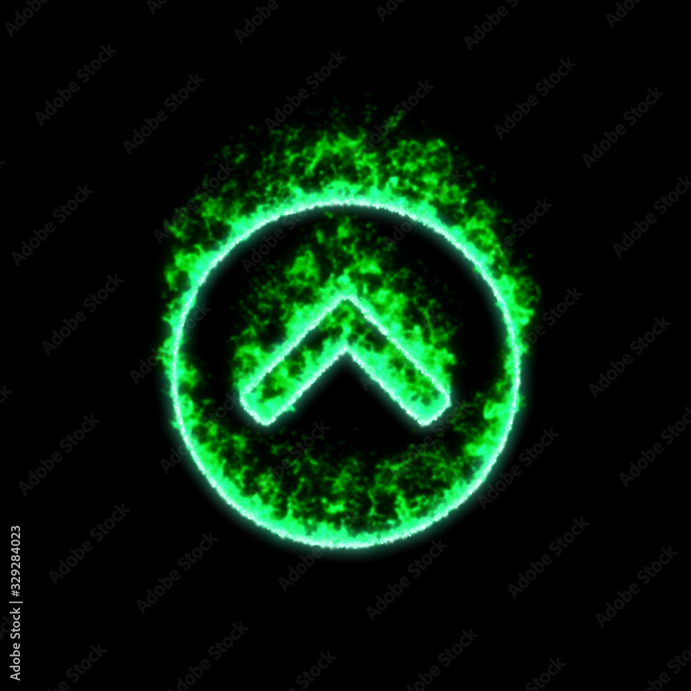 The symbol chevron circle up burns in green fire The symbol chevron circle up burns in green fire