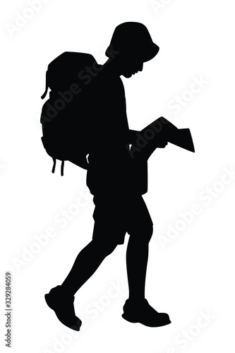 Male tourist with backpack silhouette vector