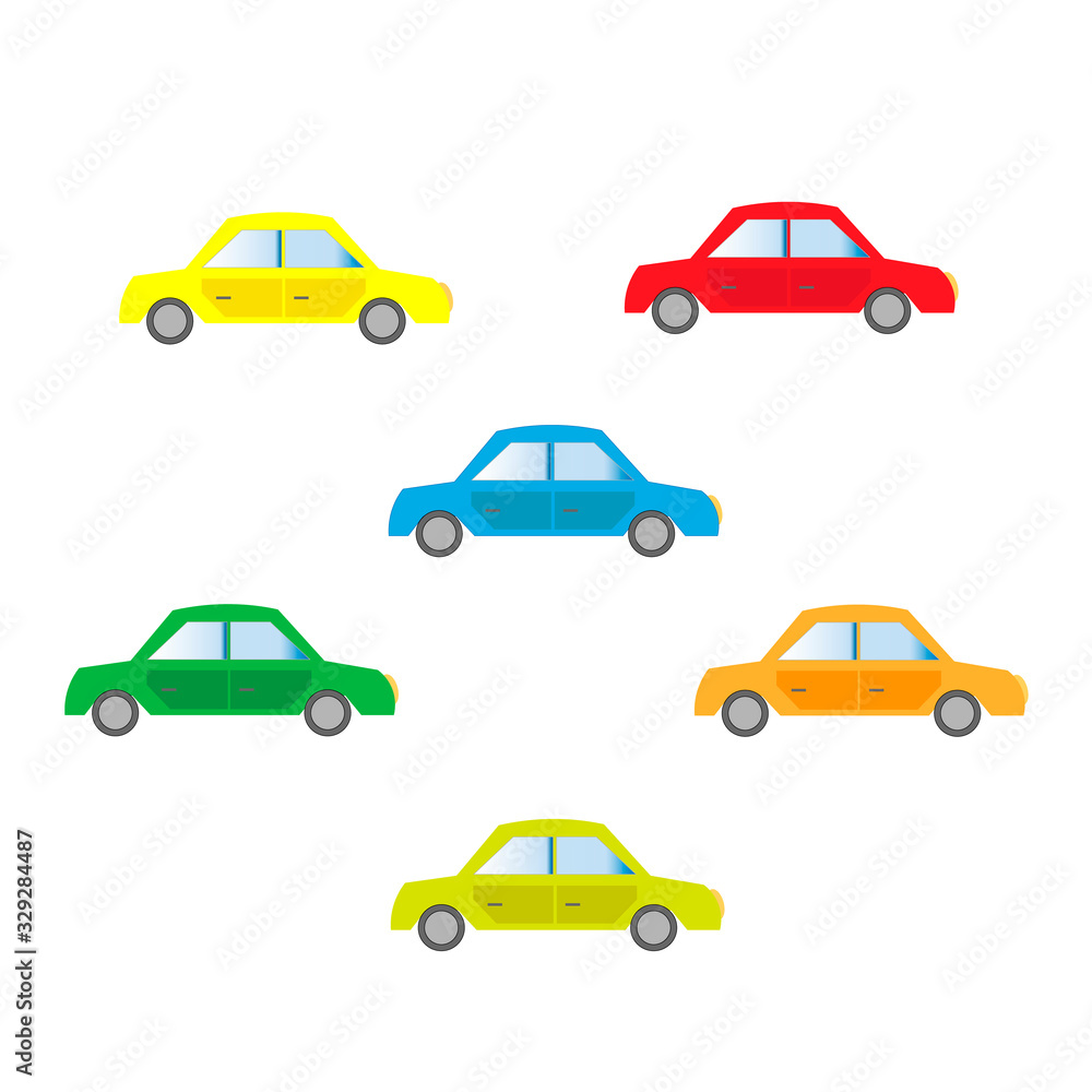 Set of six cars in different colors , vector illustration