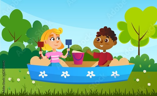 Children Characters in Sandbox  Game Flat Cartoon Vector Illustration. Two Happy Smiling Kids Friends Playing Together in Sand Pit with Bucket and Shovel Toys. Summertime Activity.