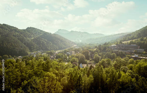 Aerial panorama of Szczawnica town and Pieniny mountains, Poland