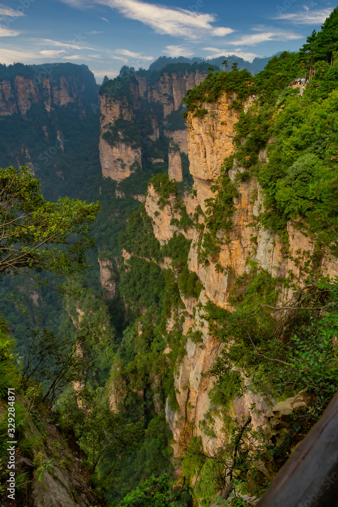 Vertical view for the deep valley. Mountain cliff in Yuanjiajie Scenic Area.  Zhangjiajie Natural Park, Hunan province, China. 