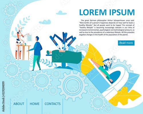 Landing Page Offer Robotic Assisted Smart Medicine. Cartoon Artificial Intelligence, Automated Surgeon Technological System, Robot Pharmacist Service. Online Medicare. Vector Flat Cartoon Illustration