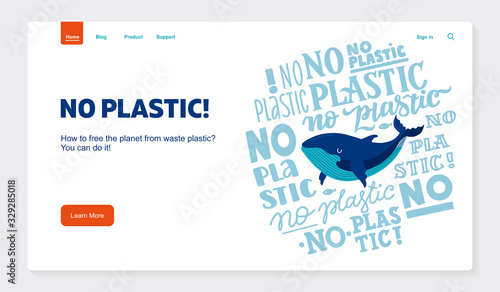 Website banner No plastic! Vector flat illustration for World Environment Day. A whale swims in sea. Template design Harm to nature. Hand written lettering