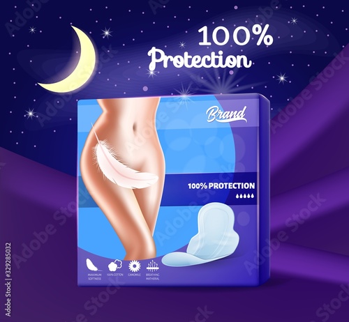 Feminine Hygienic Pads in Pack for Night Protection Advertisement. Sanitary Napkins or Towers in Realistic 3d Vector Package. Clean, Dry and Comfort during Sleep. Menstrual Absorbents Illustration