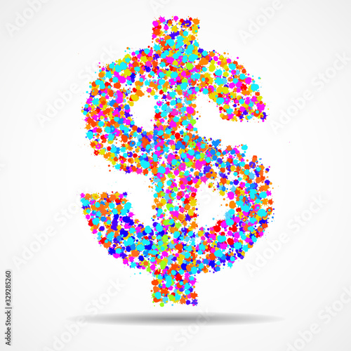 Abstract dollar sign of colorful ink splashes, grunge splatters