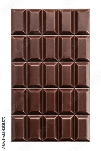 Dark chocolate bar isolated on white background from top view