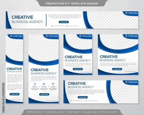 set of promotion kit banner template design with modern and minimalist concept user for web page, ads, annual report, banner, background, backdrop, flyer, brochure, card, and poster