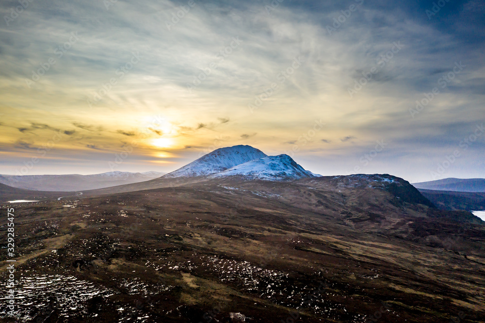Aerial view of Derryveagh Mountains and Mount Errigal from South East - County Donegal, Ireland