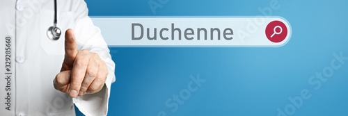 Duchenne. Arzt im Kittel zeigt mit dem Finger auf ein Suchfeld. Das Wort Duchenne steht im Fokus. Symbol für Krankheit, Gesundheit, Medizin photo