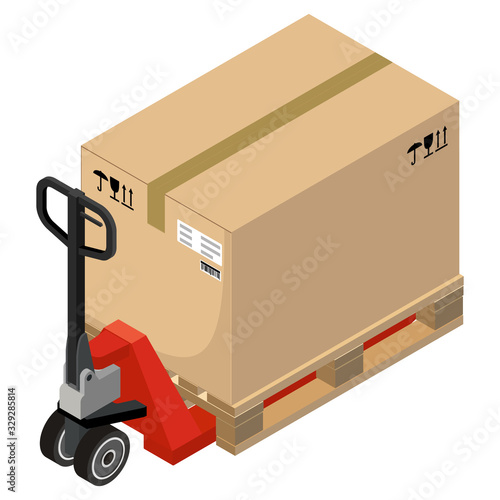 Hand pallet truck with a cardboard box, isometric design. 3D Render. Vector illustration.