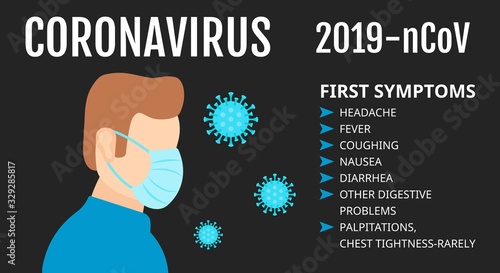 corona virus symptoms, headache, fever, cough, character, man and face mask mask vectors illustration,