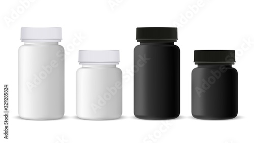 Realistic plastic bottles pills.