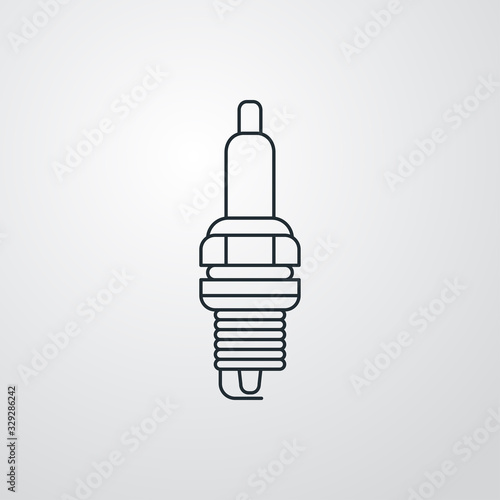 Icono plano lineal bujía de motor en fondo gris