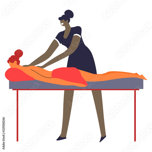 Beauty and spa salon, massage session, masseuse and client on table