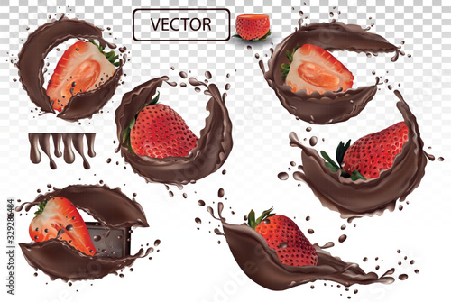 3d realistic chocolate splash with strawberry. Collection strawberries covered in chocolated. Sweet chocolate dessert on transparent background. Vector illustration.