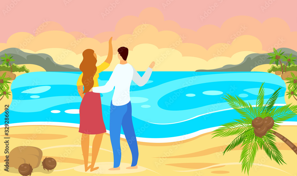 Man and Woman Watching Sunset on Background Sea. Man and Woman on Beach. Spend Vacation Together. Couple in Love near Sea on Beach. Vector Illustration. Man Hugging Woman. Happy Day.