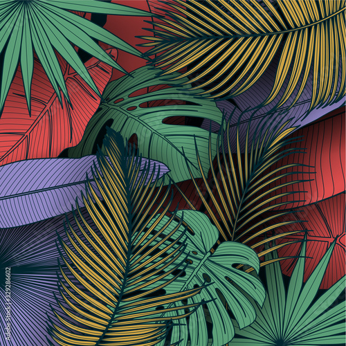 Tropical summer leaves background with jungle plants