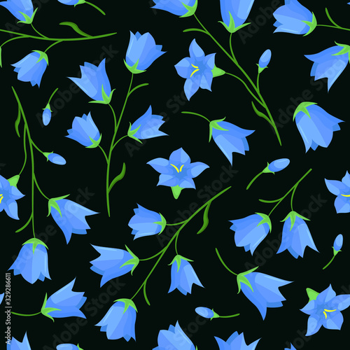 Vector seamless pattern with bellflower (campanula flowers) twigs on dark green background; spring natural design for fabric, wallpaper, wrapping paper, packaging, textile, web design.