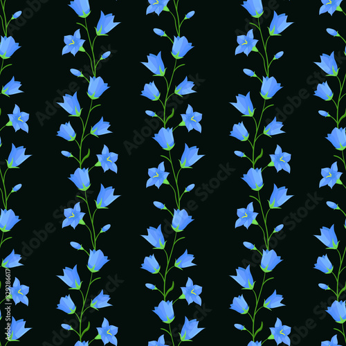 Vector seamless pattern with vertical bellflower (campanula flowers) twigs on dark green background; spring natural design for fabric, wallpaper, wrapping paper, packaging, textile, web design.