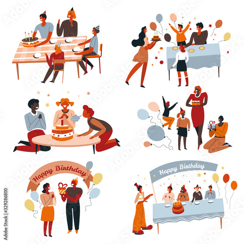 Birthday party and cake, children and parents celebrating, gift boxes