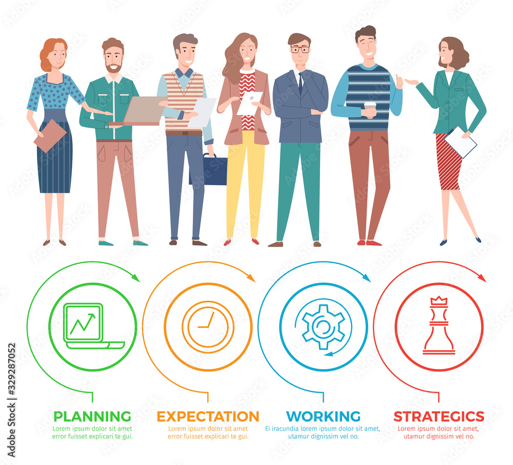 People with reports and data on pages vector, man and woman working in ...