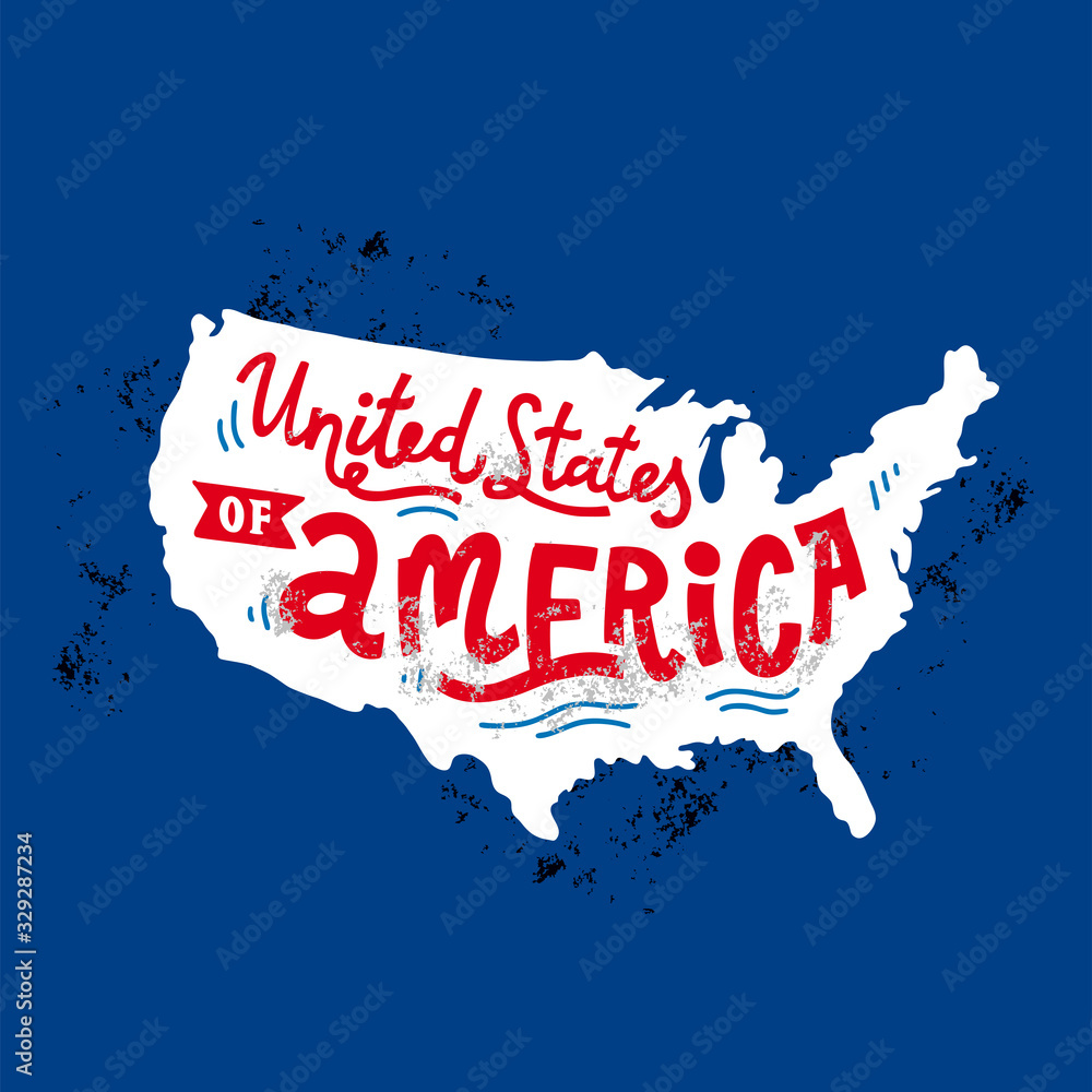 Obraz premium United States of America. Happy 4th of July. Independence Day. Vector flat illustration template. Celebratory lettering on background of the American map. Cracks can be removed.