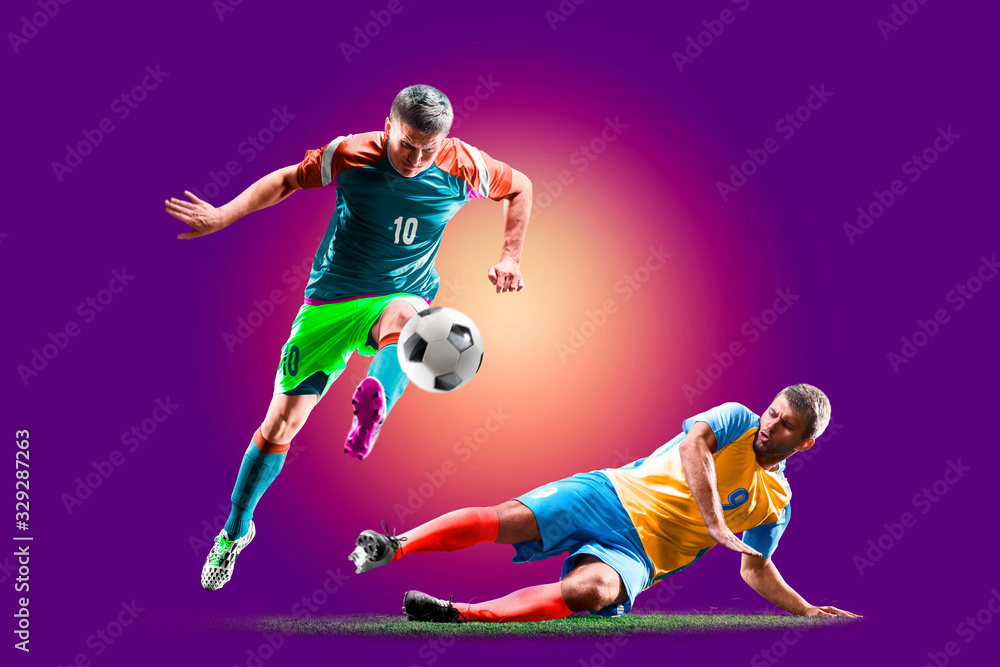 colourful professional soccer players isolated over purple background