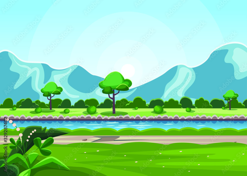Fototapeta premium Przyroda krajobraz z rzeką, górą, drzewem i zieloną trawą. Błękitne niebo z jasnym słońcem. Wektor płaski, obraz projektanta. Piękne pola z kwiatami i krzewami.