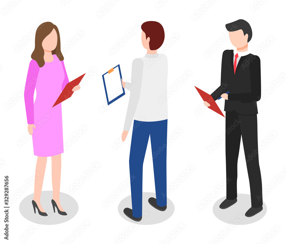 People stand together and talking. Conversation of colleagues at office. Managers meeting about finances and data analysis. Men and women work as analyst or financier. Vector illustration, isometric People stand together and talking. Conversation of colleagues at office. Managers meeting about finances and data analysis. Men and women work as analyst or financier. Vector illustration, isometric