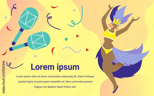 Maracas and Woman in Carnival Costume on Yellow Background. Fireworks and Carnival. Traditional Brazilian Costume. National Holiday of Brazil. Vector Ilustration. Advertising Image with Text.