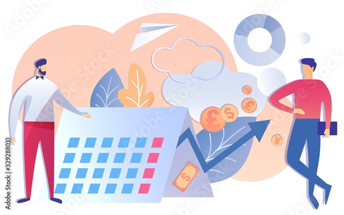 Cartoon Client Discuss Project Term Date with Man Worker. Man Report Financial Income Money Increase Vector Illustration. Manager Planning Task Schedule Calendar. Working Productivity