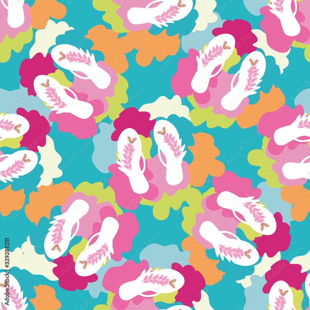 Flip flop shoe seamless vector pattern background. Elegant sandals and abstract flowers tropical backdrop. Modern multicolor illustration. All over print for beach wedding, vacation resort concept