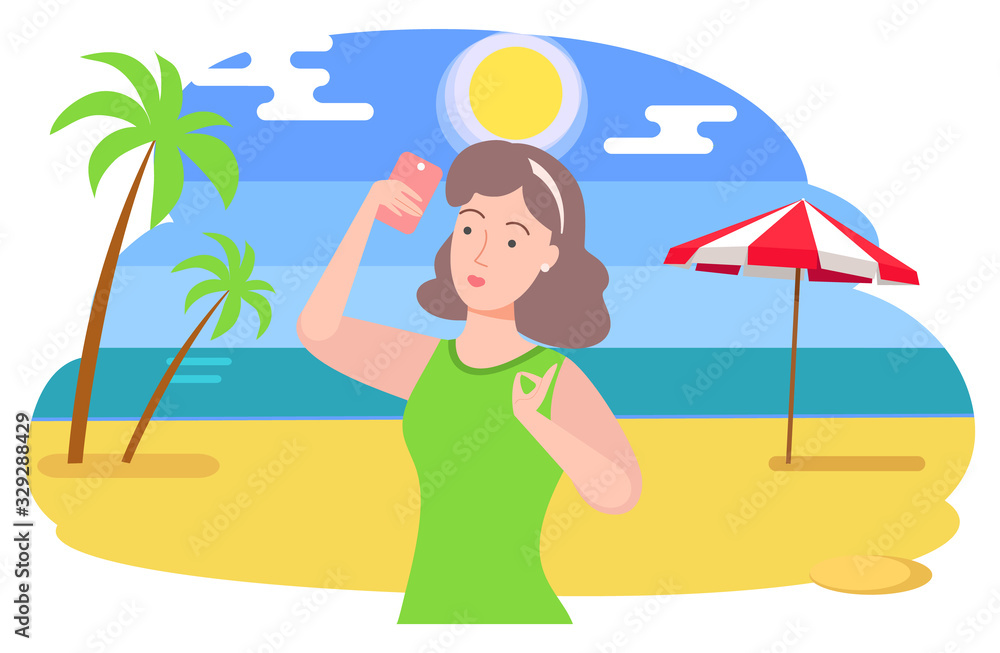 Woman on weekends traveling to coast vector, female character taking photo on smartphone. Sunshine at beach, seaside coast with palm tree and umbrella for shade