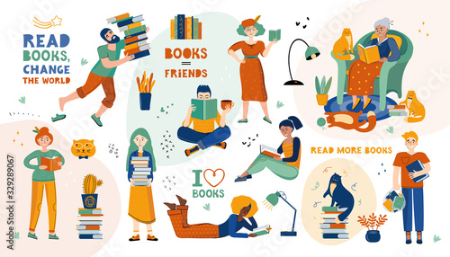Literary fans. People and cats read books, large stacks of books, quotes about reading. Big set of lovers of literature and reading. Hand drawn Scandinavian vector illustration. Dots, stars, and spots