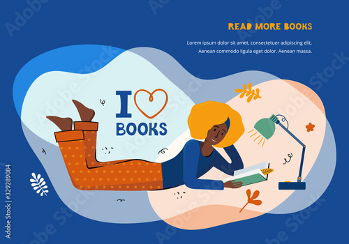 Literary fans. Woman lying reading a book under a table lamp. Home education and self-development. Banner template for landing page or web page. Space for your text. Hand drawn illustration in vector.