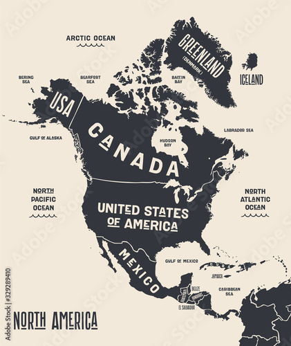 Naklejka Map North America. Poster map of North America. Black and white print map of north America for t-shirt, poster or geographic themes. Hand-drawn graphic map with countries. Vector Illustration
