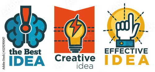 Business idea isolated icons, brain and lightbulb, forefinger