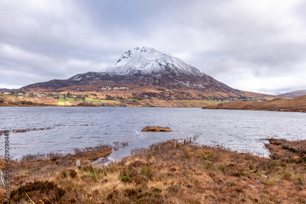Mount Errigal by Dunlewey in County Donegal, Ireland, covered with snow