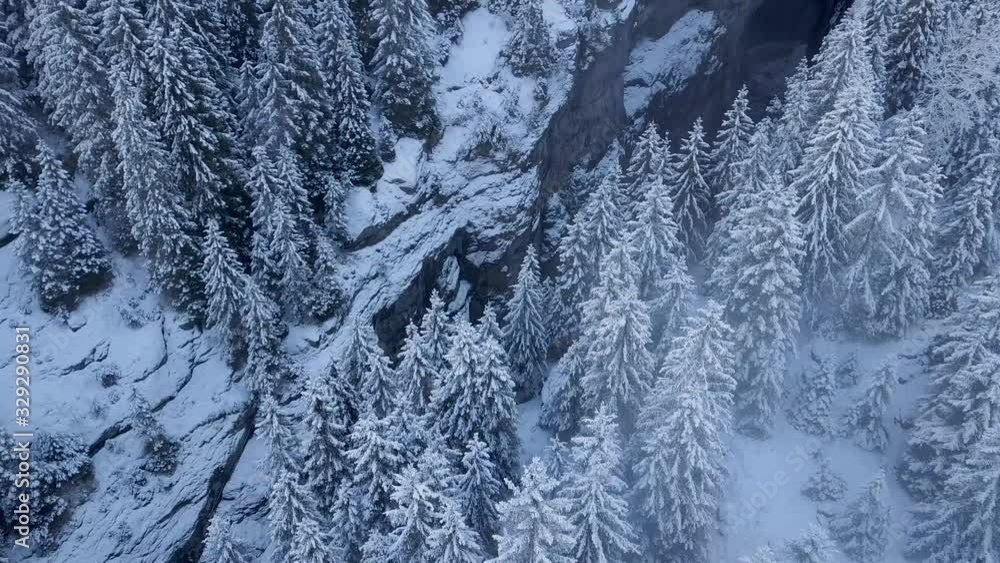 aerial approach toa gorge in winter in the swiss alps, Grindelwald aerial approach toa gorge in winter in the swiss alps, Grindelwald