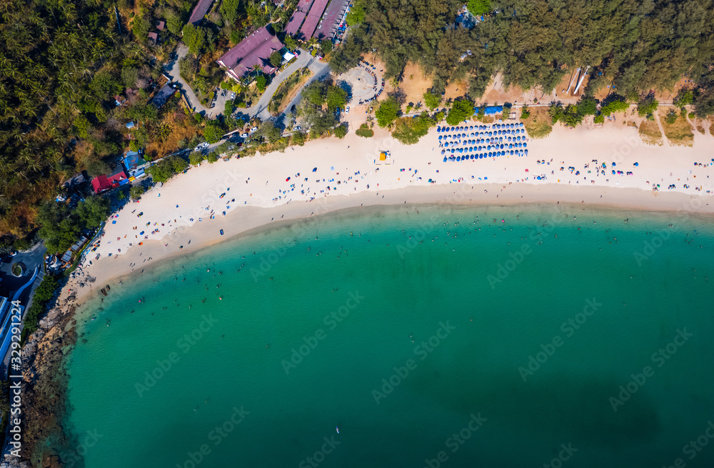 Aerial top down view of Nai Harn beach at sunny day, Phuket island, Thailand