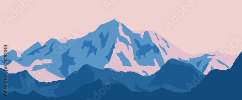 Fantasy on the theme of the mountain landscape. Vector drawing of Mount Everest. Panoramic view. Traveling in the mountains, climbing. 