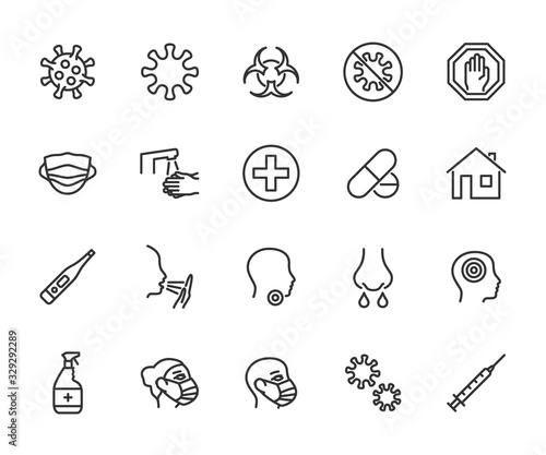 Vector set of virus line icons. Contains icons coronavirus, flu, cough, runny nose, sore throat, prevention, treatment and more. Pixel perfect.